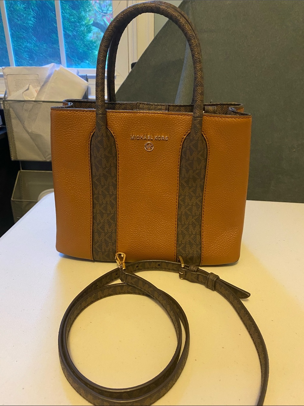 Michael Kors Tan and Brown Logo-Trim Pebbled Leather Satchel